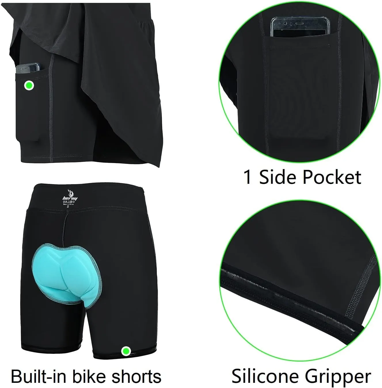 beroy Women Quick Dry and Breathable Cycling Skirt Shorts,Bike Skorts Pantskirt with 3D Padded