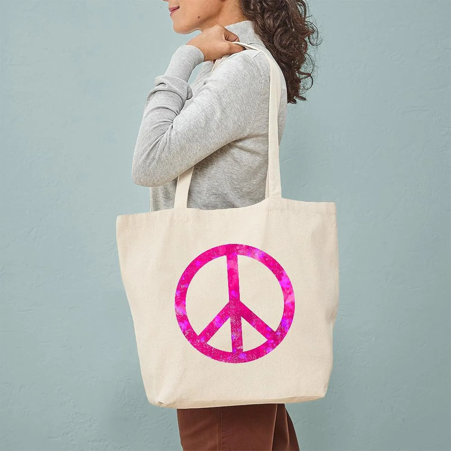 CafePress Distressed Pink Peace Sign Tote Bag Natural Canvas Tote Bag, Reusable Shopping Bag