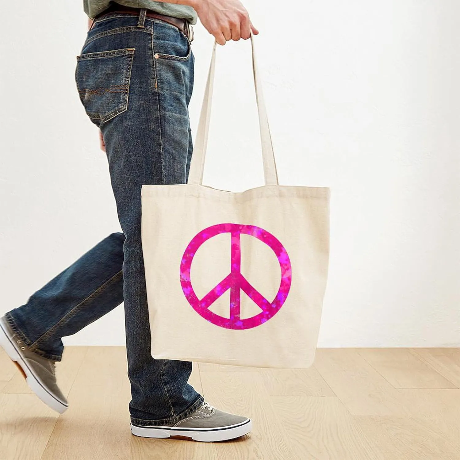 CafePress Distressed Pink Peace Sign Tote Bag Natural Canvas Tote Bag, Reusable Shopping Bag