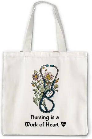 Canvas Tote Bag - Nursing Is a Work of Heart, Graduation Gifts for Women, RN LPN Nurse Practitioner Gifts