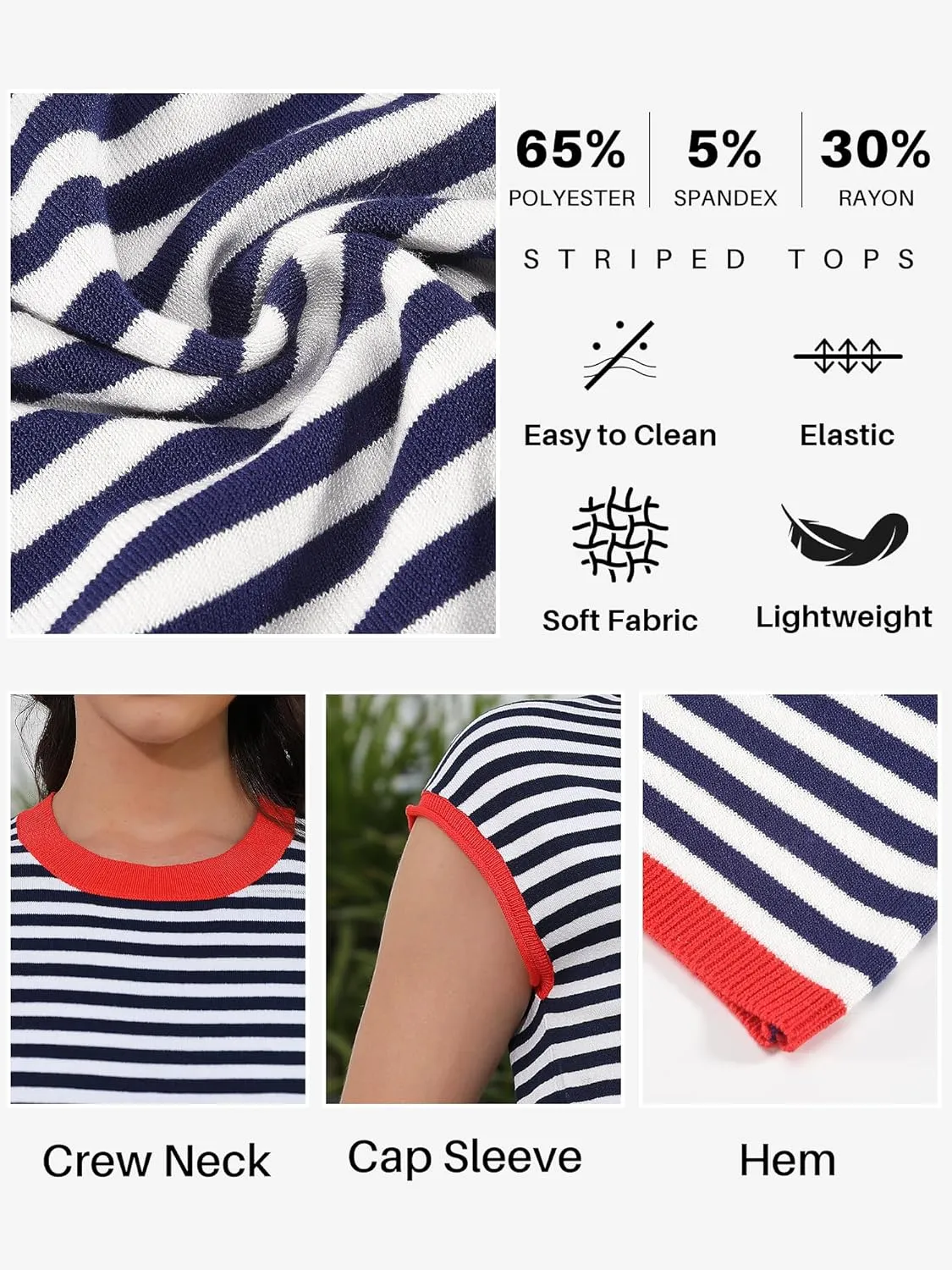 Cap Sleeve Tops for Women Summer Striped Short Sleeve Sweater Top Crew Neck Sleeveless Vest Spring Going Out Shirts