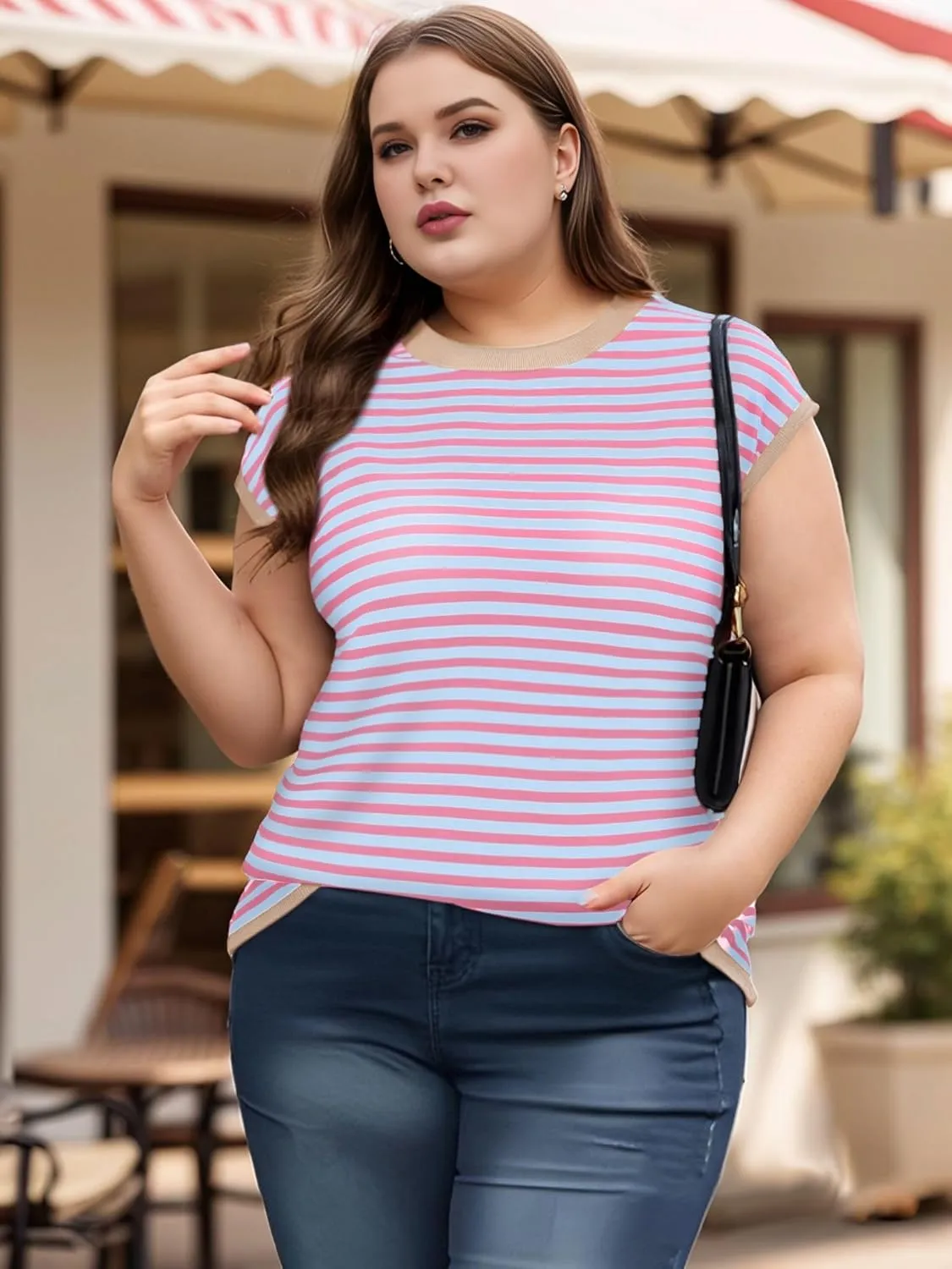 Cap Sleeve Tops for Women Summer Striped Short Sleeve Sweater Top Crew Neck Sleeveless Vest Spring Going Out Shirts