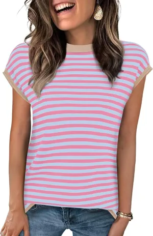Cap Sleeve Tops for Women Summer Striped Short Sleeve Sweater Top Crew Neck Sleeveless Vest Spring Going Out Shirts