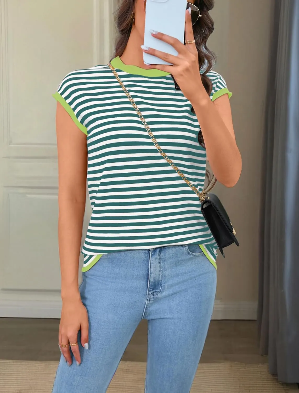Cap Sleeve Tops for Women Summer Striped Short Sleeve Sweater Top Crew Neck Sleeveless Vest Spring Going Out Shirts
