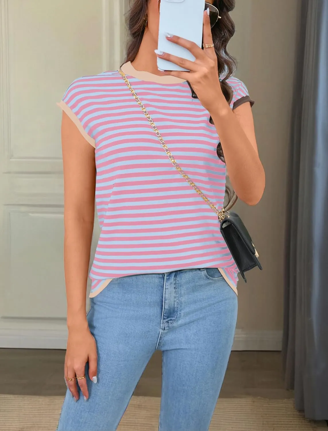 Cap Sleeve Tops for Women Summer Striped Short Sleeve Sweater Top Crew Neck Sleeveless Vest Spring Going Out Shirts