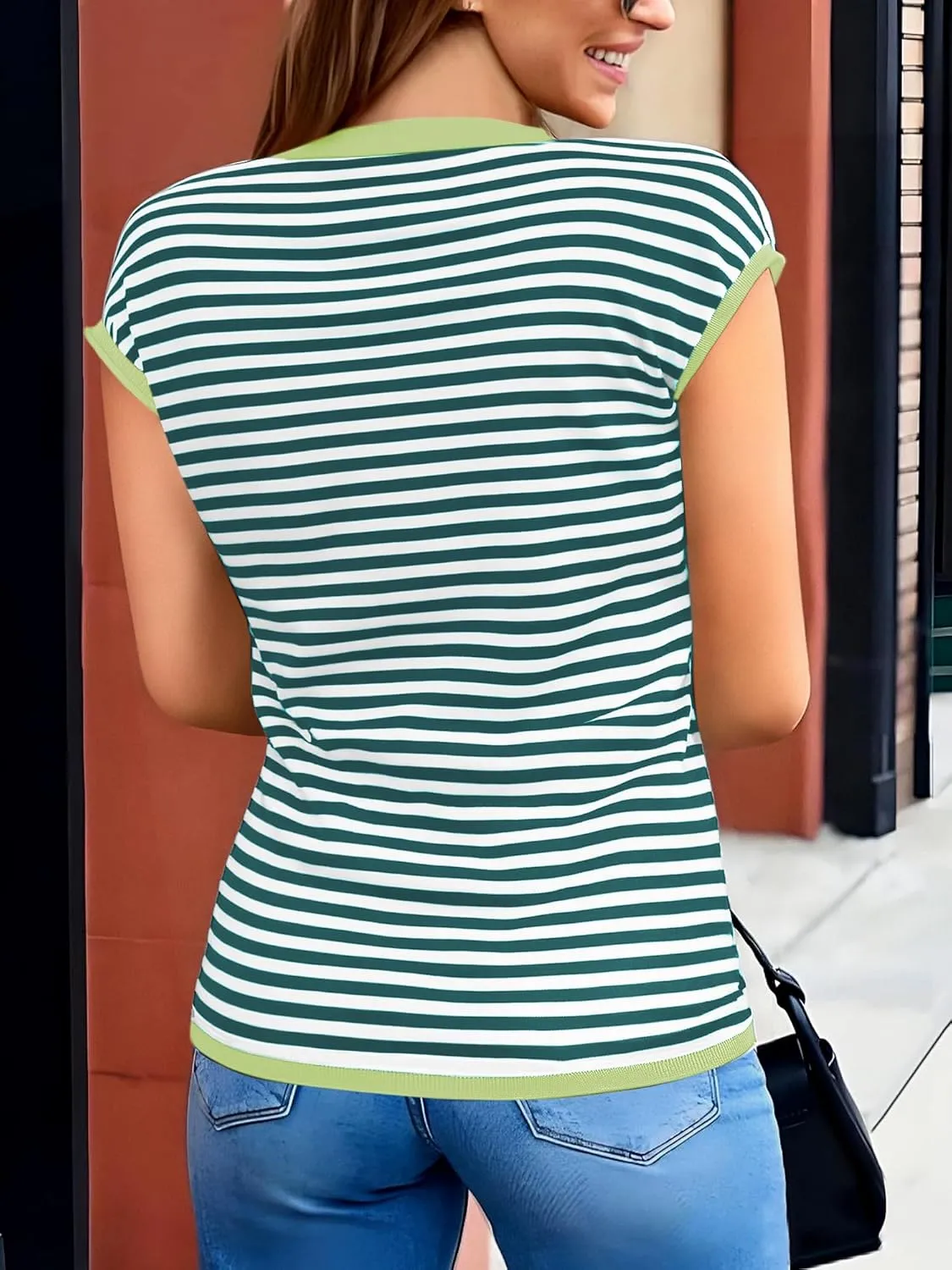 Cap Sleeve Tops for Women Summer Striped Short Sleeve Sweater Top Crew Neck Sleeveless Vest Spring Going Out Shirts