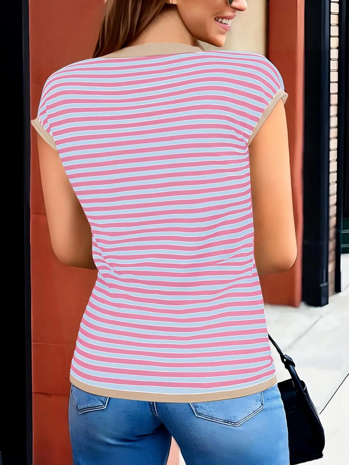 Cap Sleeve Tops for Women Summer Striped Short Sleeve Sweater Top Crew Neck Sleeveless Vest Spring Going Out Shirts