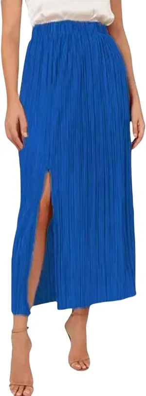 CHARTOU Casual High Waist A Line Long Pleated Skirt for Women Midi Length Side Slit Ruffle Flowy Pencil Skirt
