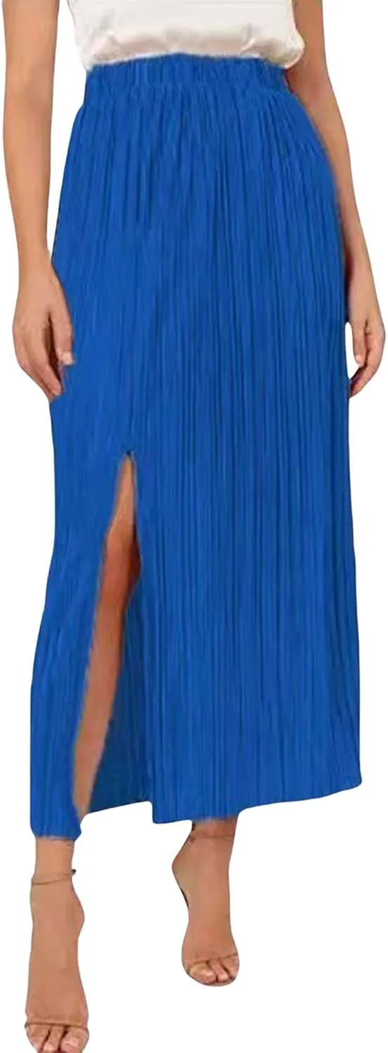 CHARTOU Casual High Waist A Line Long Pleated Skirt for Women Midi Length Side Slit Ruffle Flowy Pencil Skirt