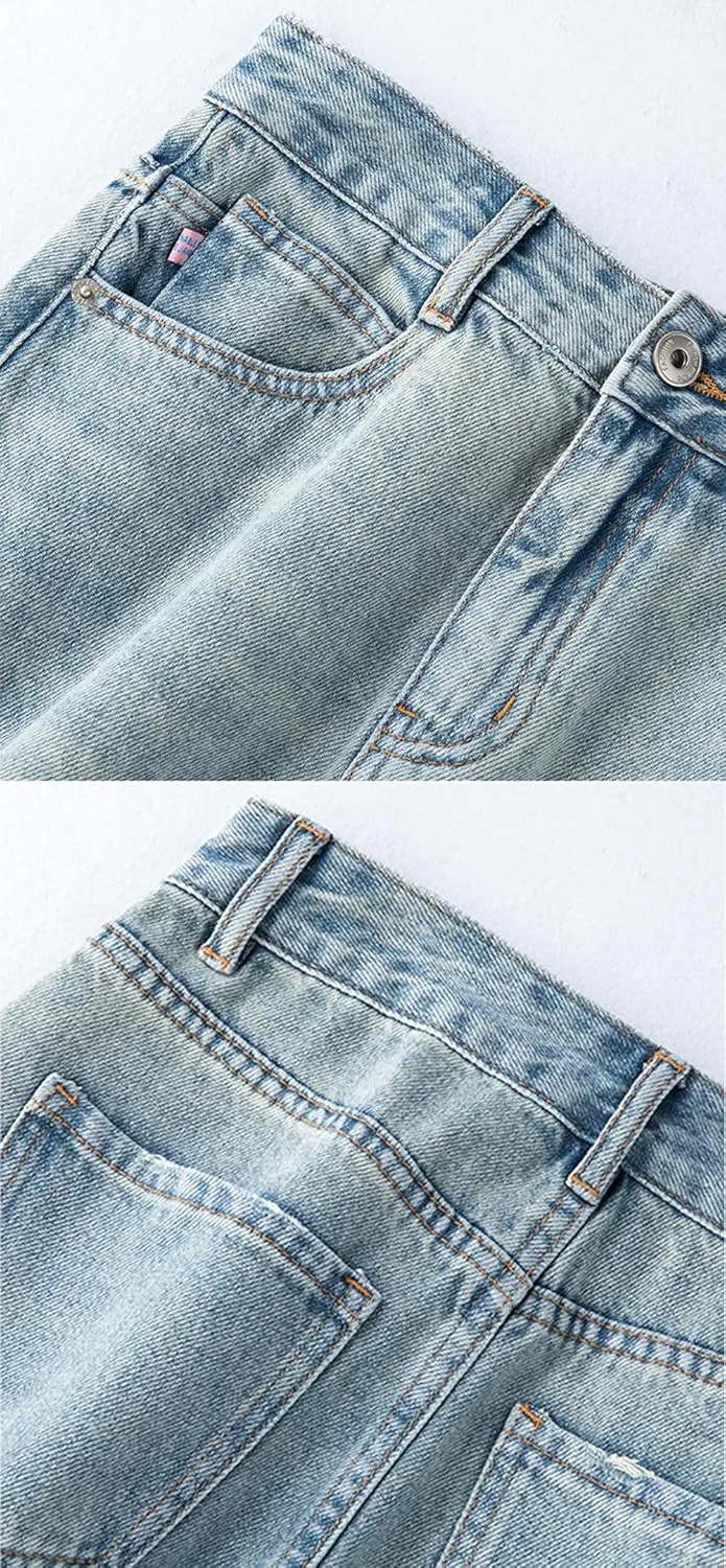 CHARTOU Women Casual Mid Long Denim Skirt Jean A Line Skirt Summer Packaged Hip High Waist Midi Denim Skirt with Slit