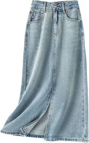 CHARTOU Women Casual Mid Long Denim Skirt Jean A Line Skirt Summer Packaged Hip High Waist Midi Denim Skirt with Slit