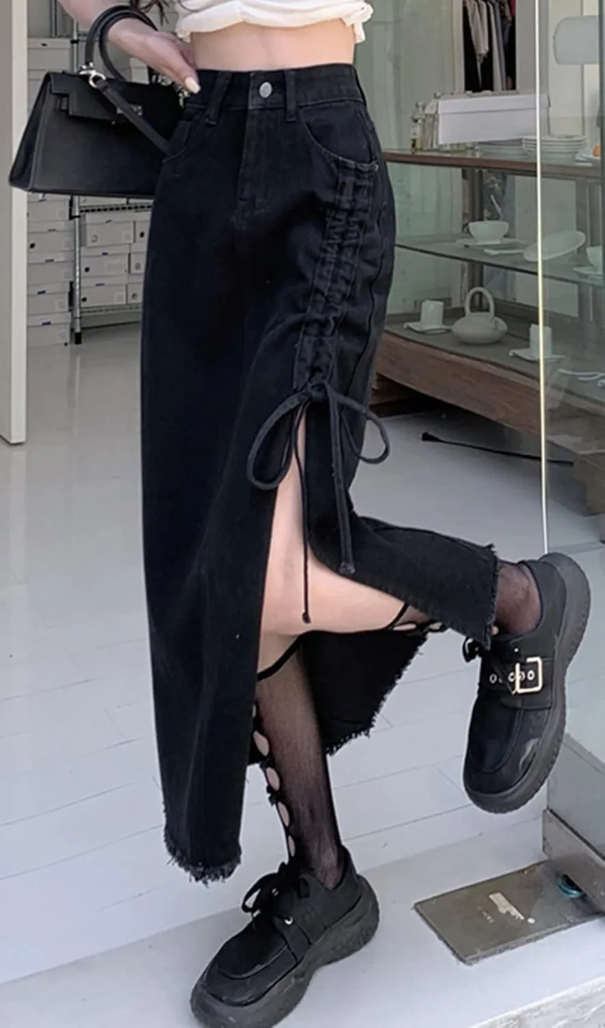 CHARTOU Women Slim High Waisted Denim Jean Midi Skirt Ripped Frayed Side Slit Ruched Tie A Line Long Skirt