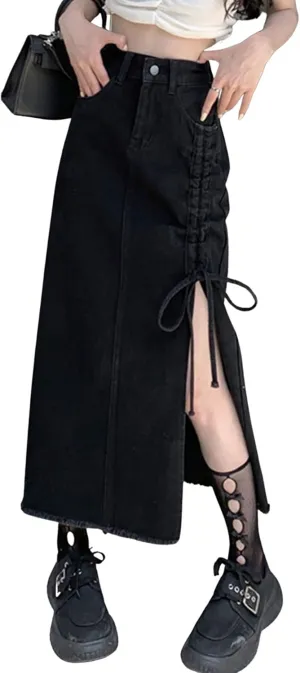 CHARTOU Women Slim High Waisted Denim Jean Midi Skirt Ripped Frayed Side Slit Ruched Tie A Line Long Skirt