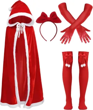 Christmas Santa Claus Robe Hooded Cloak, Red Velvet Santa Cape Set, Christmas Fur Princess Cape Women's Xmas Velvet Cloak, Christmas Solid Thigh Highs Socks Cheerleading Bow and Red Gloves for Women