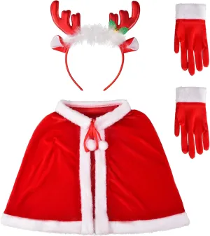 Christmas Velvet Cloak Christmas Deer Headbands Glove Set, Red Mrs Santa Claus Cape, Xmas Party Cosplay Costume Shawl with Gloves Headband for Women and Girls