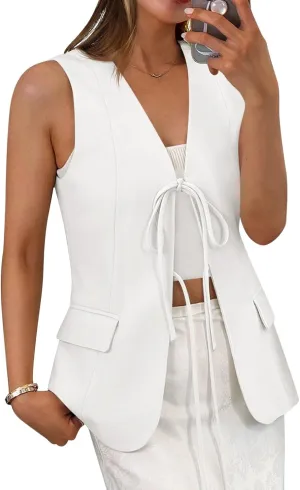 Cicy Bell Womens Tie Front Blazer Vest Tops Summer Sleeveless V Neck Suit Vest 2025 Casual Business Waistcoat