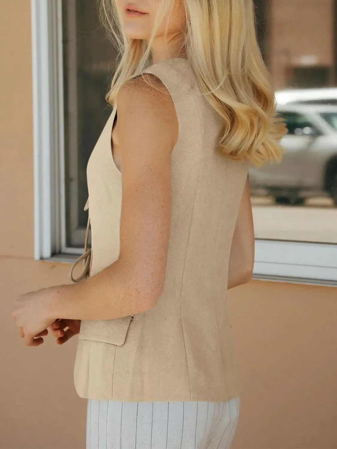 Cicy Bell Womens Tie Front Blazer Vest Tops Summer Sleeveless V Neck Suit Vest 2025 Casual Business Waistcoat