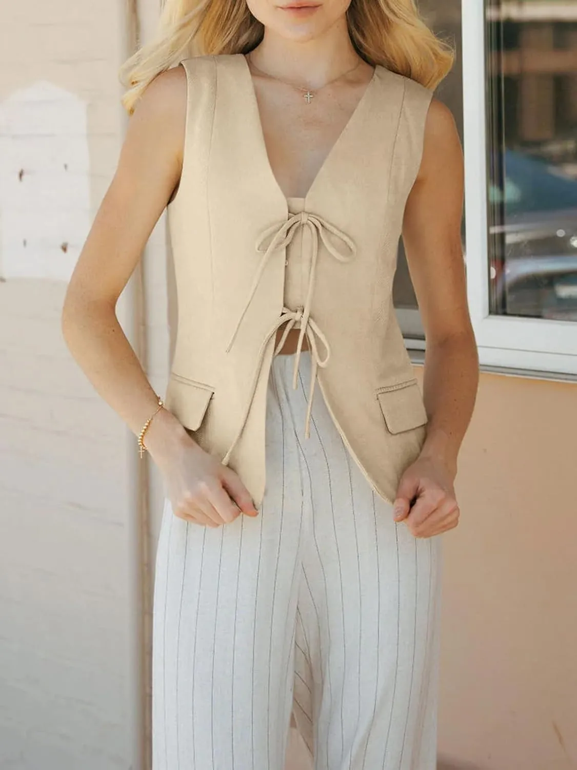 Cicy Bell Womens Tie Front Blazer Vest Tops Summer Sleeveless V Neck Suit Vest 2025 Casual Business Waistcoat