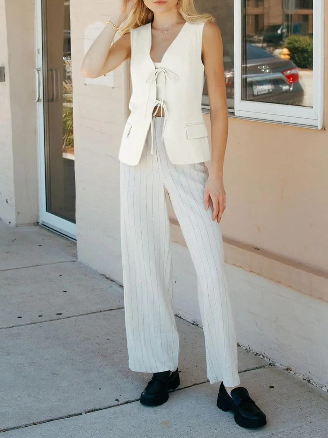 Cicy Bell Womens Tie Front Blazer Vest Tops Summer Sleeveless V Neck Suit Vest 2025 Casual Business Waistcoat