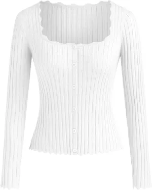 CIDER Womens Ribbed Knit Crop Cardigan Long Sleeve Square Neck Button Down Shirts Slim it Tops