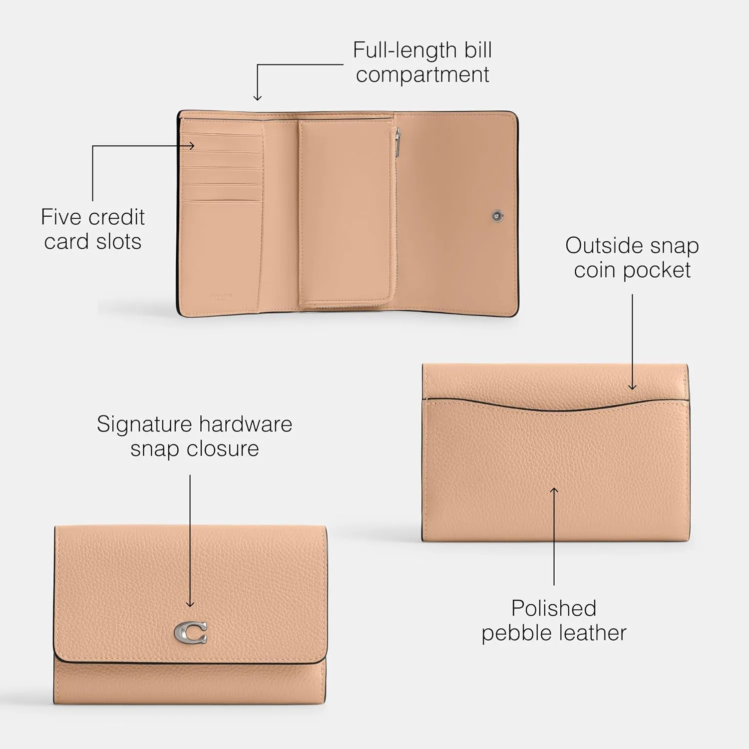 Coach Polished Pebble Leather Essential Medium Flap Wallet