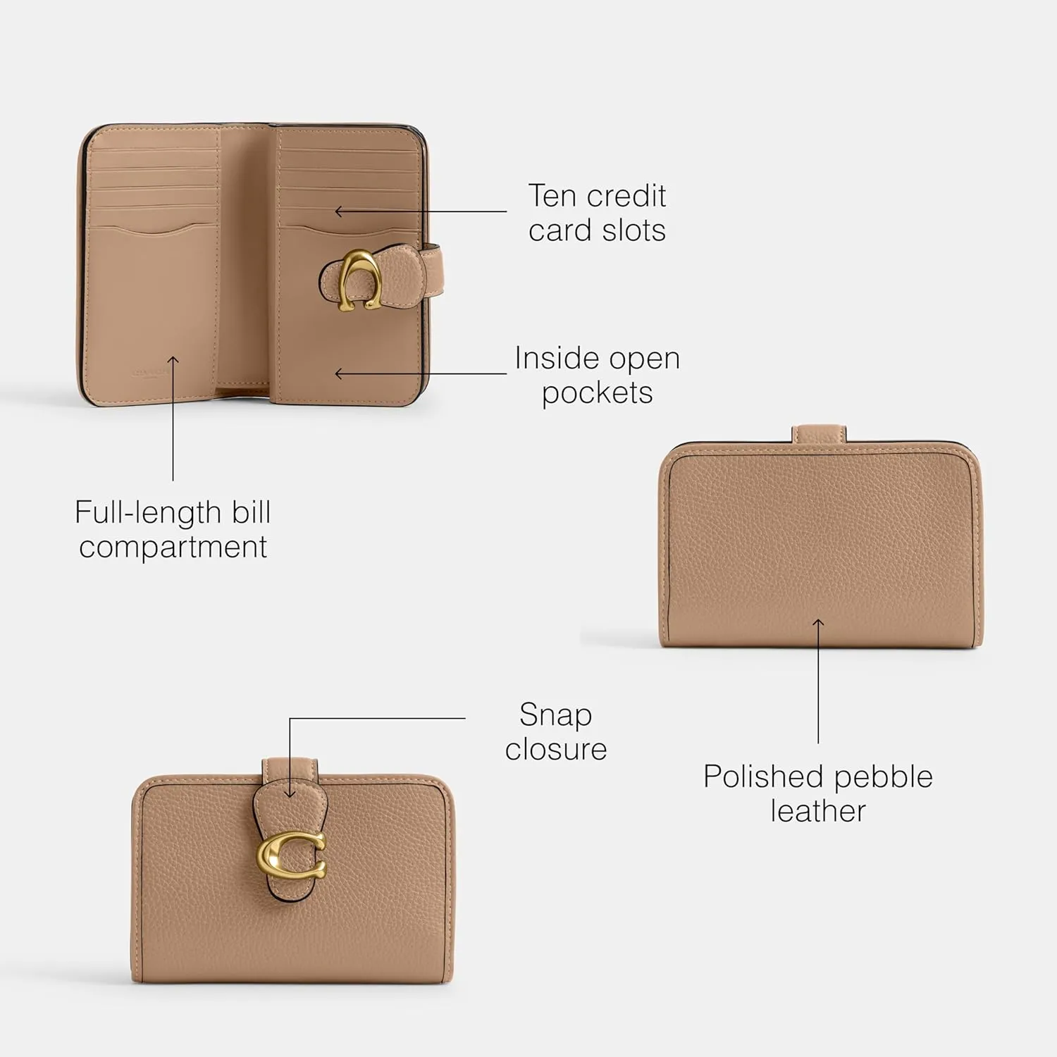 Coach Women's Polished Pebble Leather Tabby Medium Wallet, Taupe, One Size