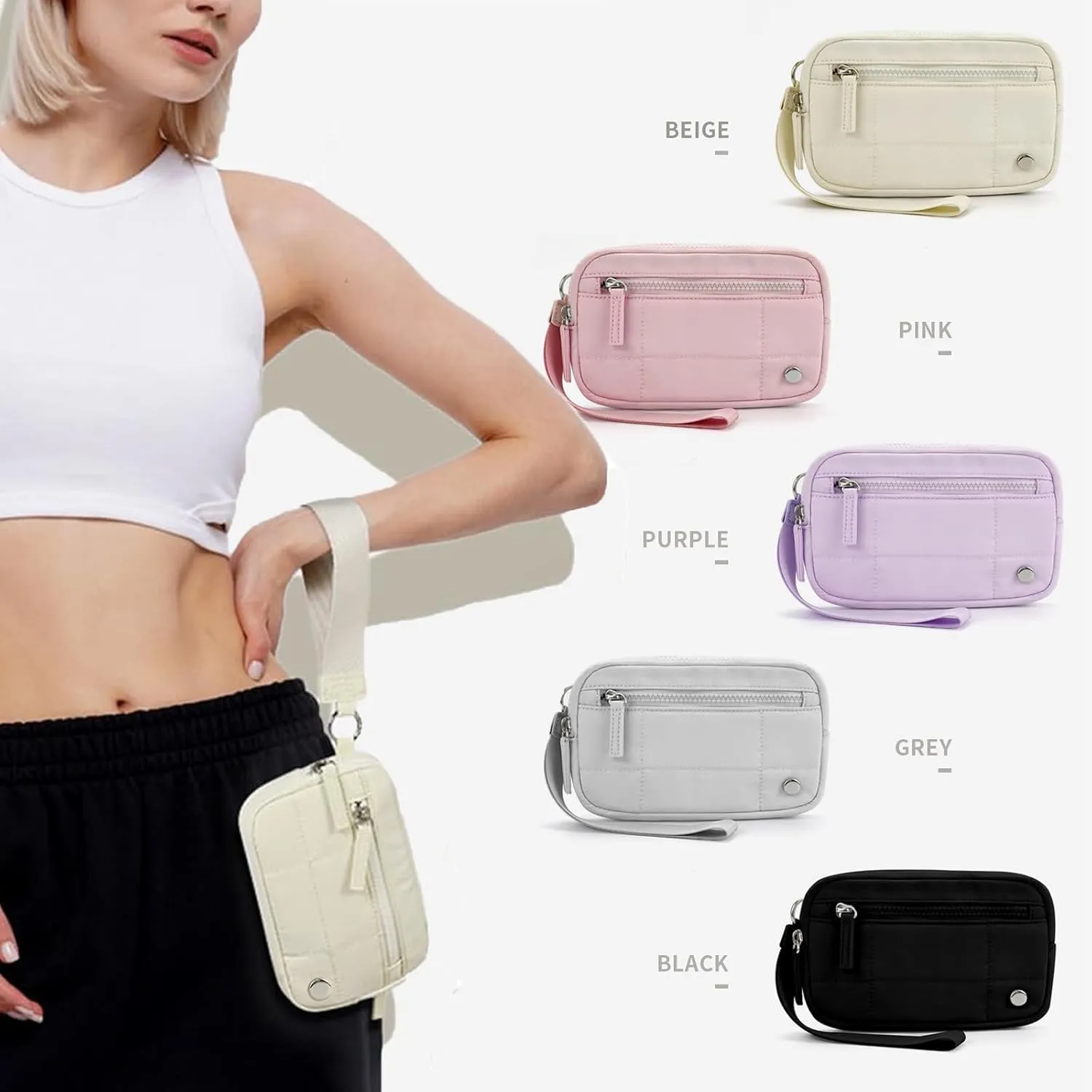 Convely Essential Wristlet,Wristlet Wallets,Compact and Practical Nylon Quilted Wallet,3Zipper Pockets