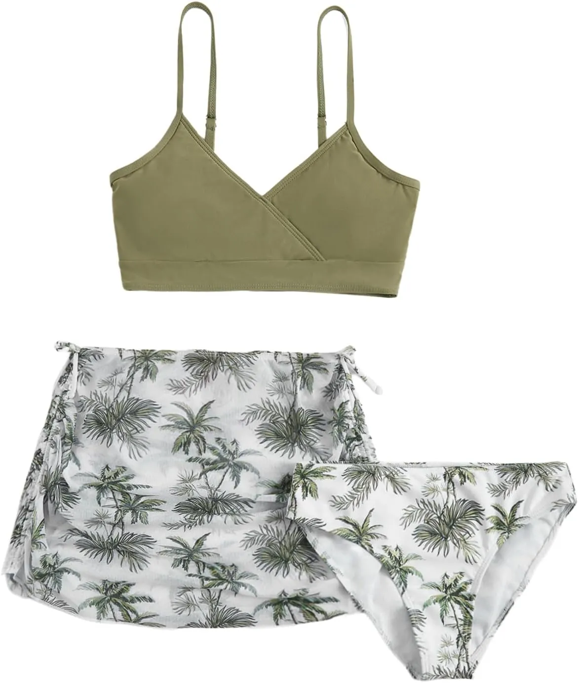 COZYEASE Girls' 3 Piece Set Floral Print Bikini Swimsuit with Drawstring Beach Skirt Cute Ruched Bathing Suit
