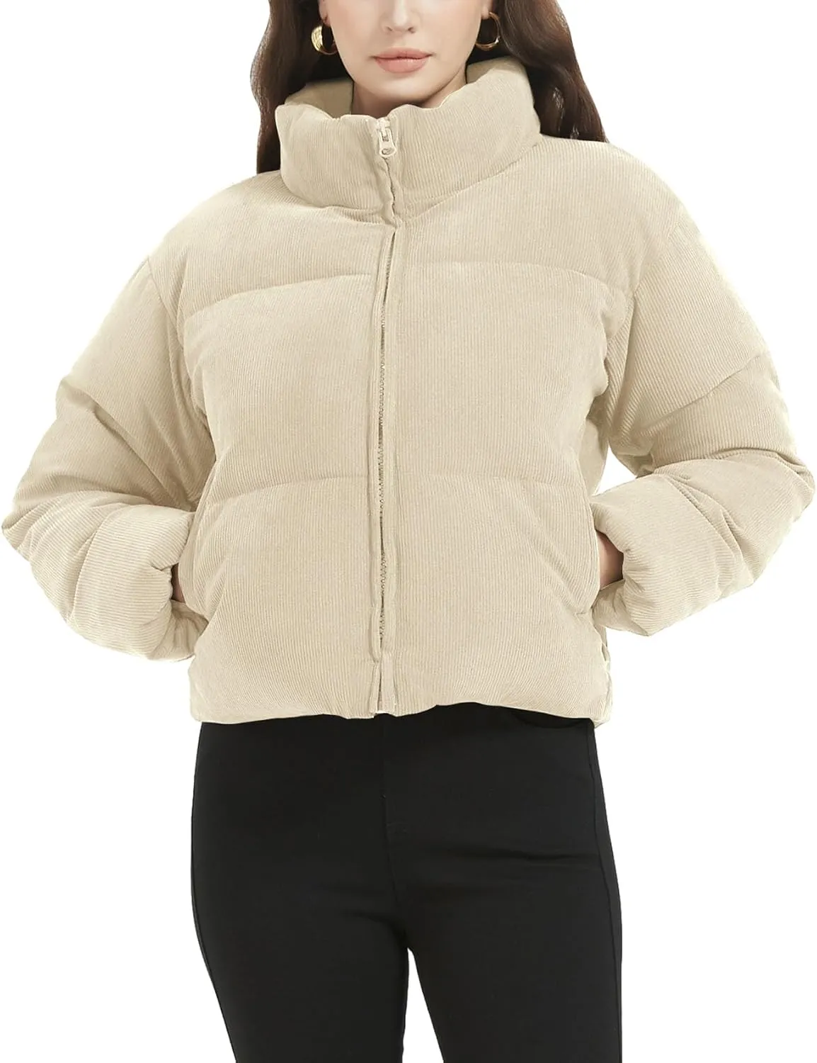 COZYPOIN Womens Corduroy Puffer Jacket Winter Quilted Coats Lightweight Ribbed Short Down Jackets Outerwear