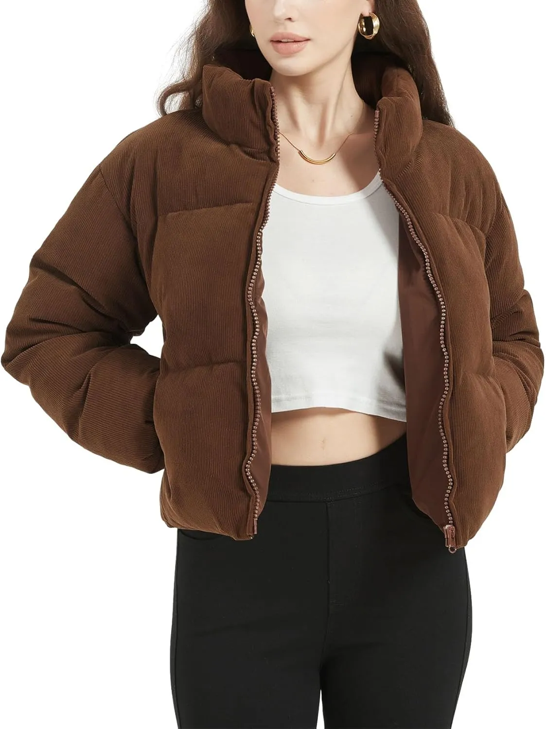 COZYPOIN Womens Corduroy Puffer Jacket Winter Quilted Coats Lightweight Ribbed Short Down Jackets Outerwear