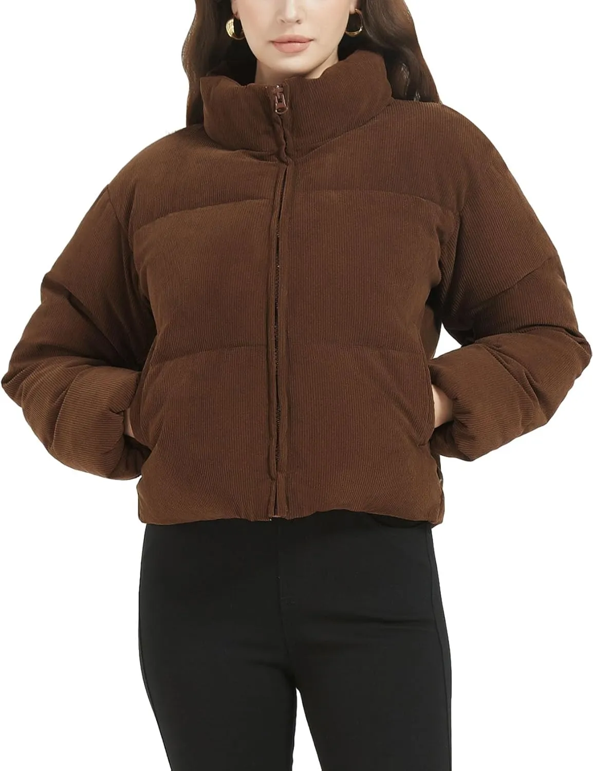 COZYPOIN Womens Corduroy Puffer Jacket Winter Quilted Coats Lightweight Ribbed Short Down Jackets Outerwear