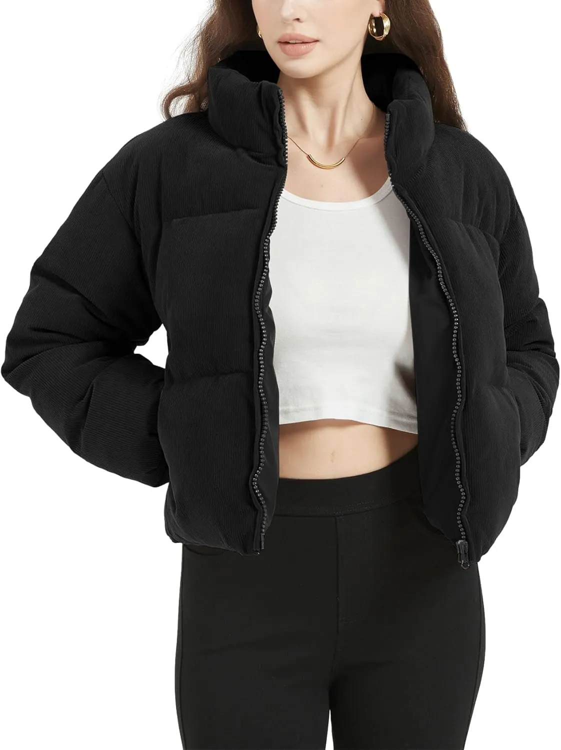 COZYPOIN Womens Corduroy Puffer Jacket Winter Quilted Coats Lightweight Ribbed Short Down Jackets Outerwear