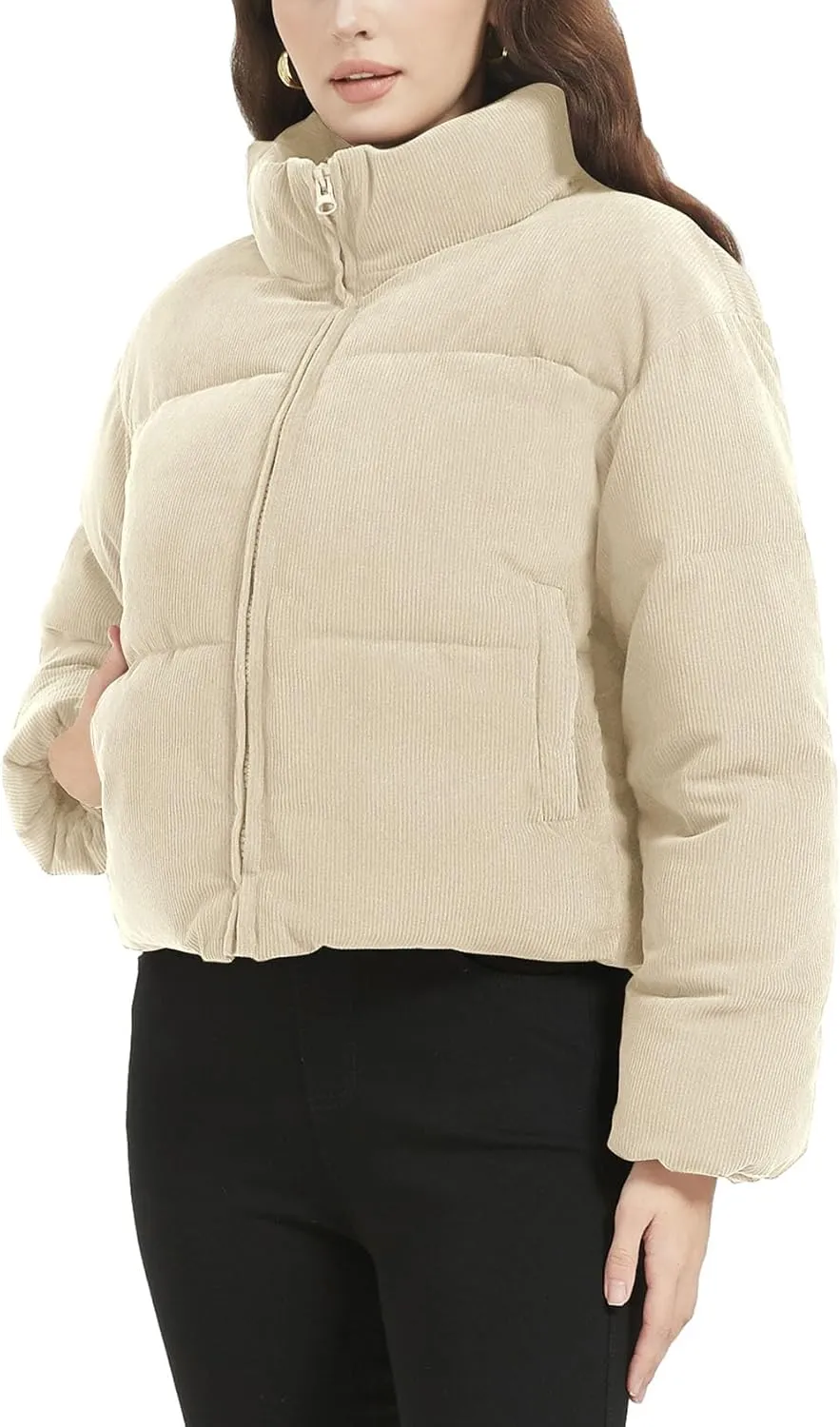 COZYPOIN Womens Corduroy Puffer Jacket Winter Quilted Coats Lightweight Ribbed Short Down Jackets Outerwear