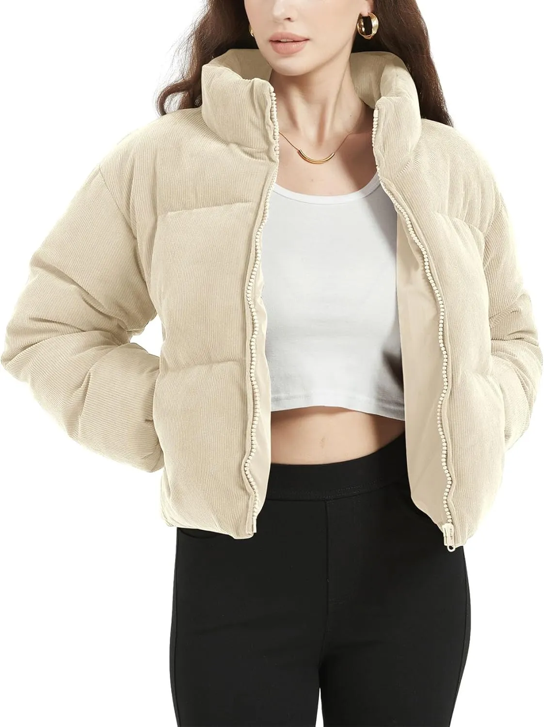 COZYPOIN Womens Corduroy Puffer Jacket Winter Quilted Coats Lightweight Ribbed Short Down Jackets Outerwear