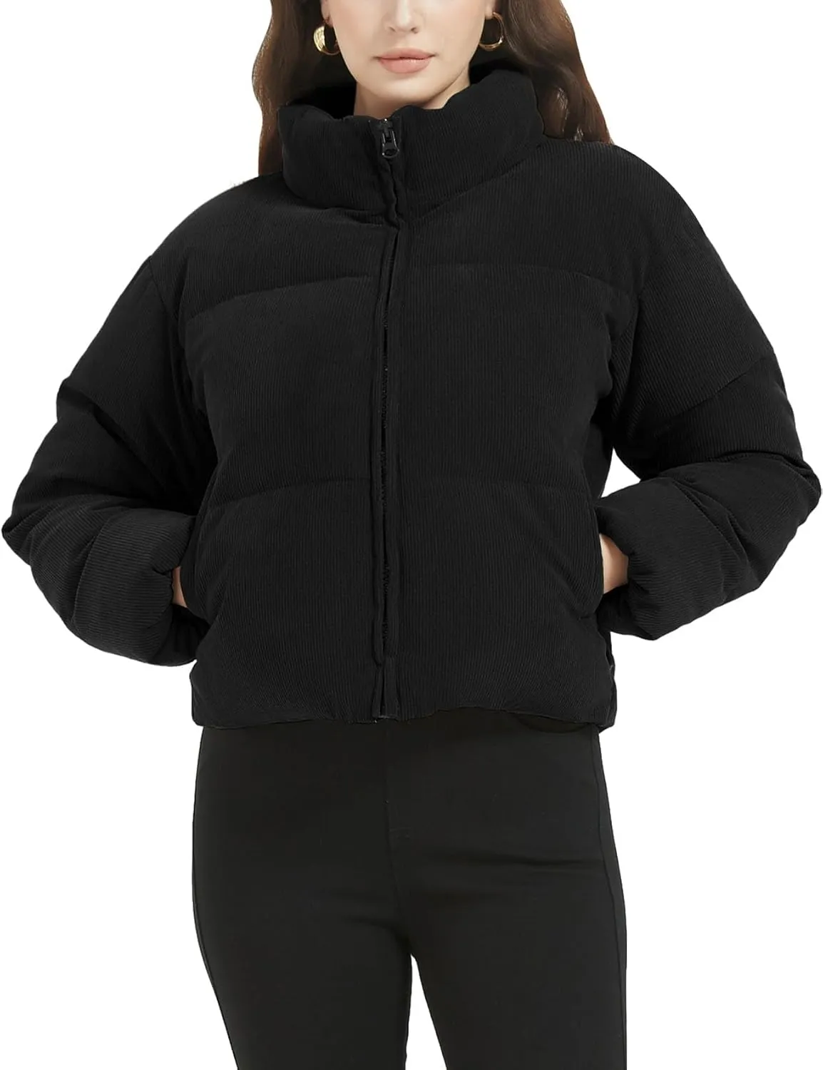 COZYPOIN Womens Corduroy Puffer Jacket Winter Quilted Coats Lightweight Ribbed Short Down Jackets Outerwear