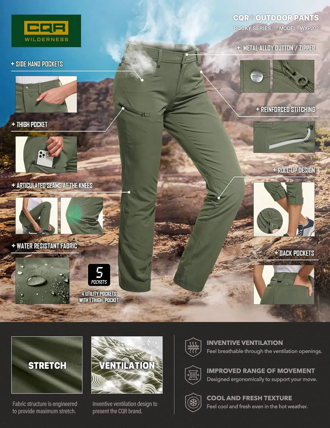 CQR Women's Hiking Pants, Quick Dry Stretch UPF 50  Sun Protective Outdoor Pants, Lightweight Camping Work Pant