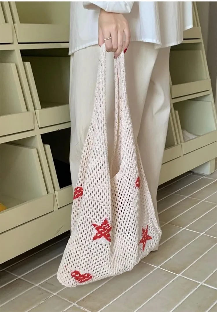 Crochet Tote Bag for Women Summer Beach Bag Hobo Bags Aesthetic Knit Bag Cute Shoulder Bags
