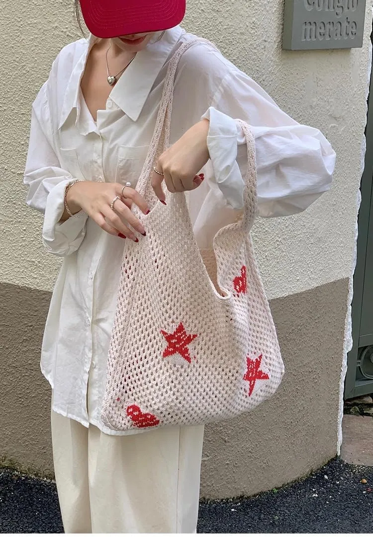 Crochet Tote Bag for Women Summer Beach Bag Hobo Bags Aesthetic Knit Bag Cute Shoulder Bags