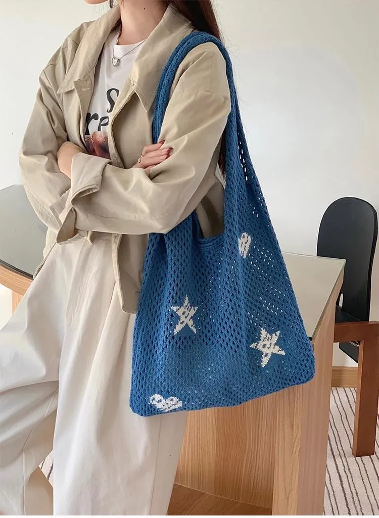 Crochet Tote Bag for Women Summer Beach Bag Hobo Bags Aesthetic Knit Bag Cute Shoulder Bags