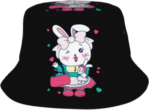 Cute Bunny Holding A Bag Bucket Hat for Women Men Bucket Hats Summer Sun Hats Beach Travel Fishing Golf Cap Black