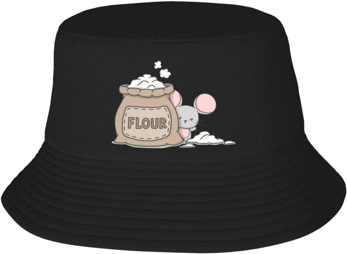 Cute Cartoon Mouse and Flour Bag Bucket Hat for Women Men Bucket Hats Summer Sun Hats Beach Travel Fishing Golf Cap Black
