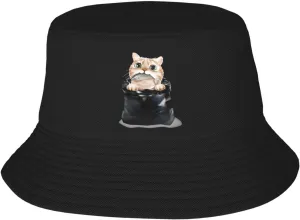 Cute Cat Looking for Fish in A Black Garbage Bag Bucket Hat for Women Men Bucket Hats Summer Sun Hats Beach Travel Fishing Golf Cap