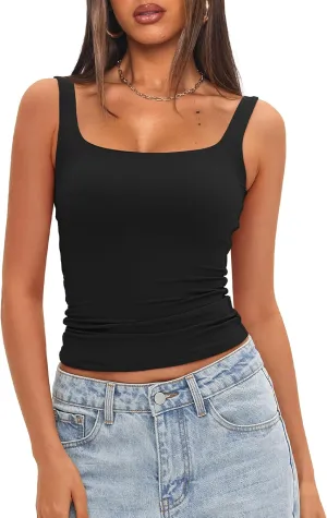 Darong Women's Padded Square Neck Tank Tops Summer Double Layer Basic Sleeveless Tank Shirts Built in Bra