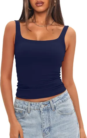 Darong Women's Padded Square Neck Tank Tops Summer Double Layer Basic Sleeveless Tank Shirts Built in Bra