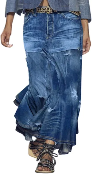 Denim Women Skirt Color Block Plus Size Robe A Line Ruffle Hem High Waist Summer Skirts 2023 Long Modest Dress Flowy