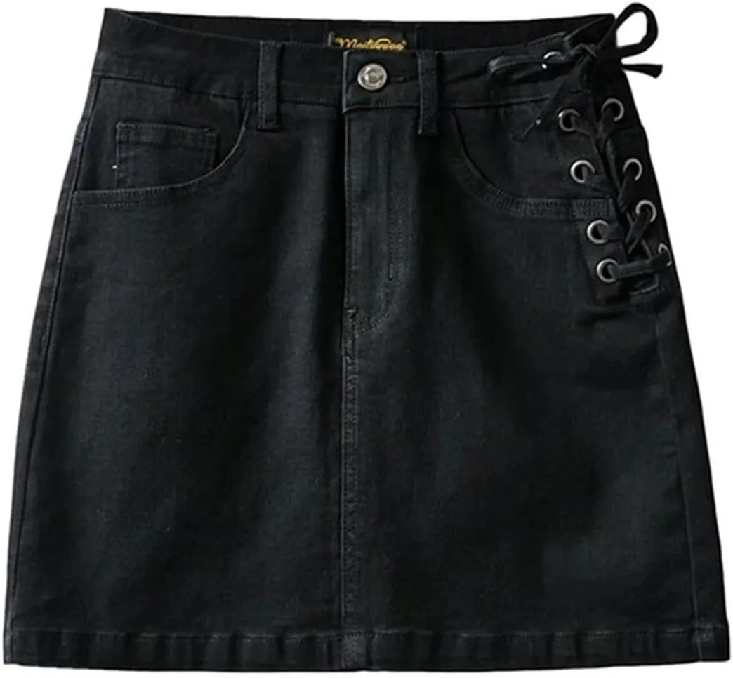 Design Sense one-Side lace up Lined A-line Hip-Wrapped Short Skirt Women's high Waist Denim Skirt