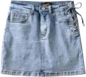 Design Sense one-Side lace up Lined A-line Hip-Wrapped Short Skirt Women's high Waist Denim Skirt