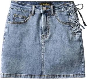 Design Sense one-Side lace up Lined A-line Hip-Wrapped Short Skirt Women's high Waist Denim Skirt
