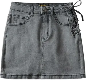 Design Sense one-Side lace up Lined A-line Hip-Wrapped Short Skirt Women's high Waist Denim Skirt