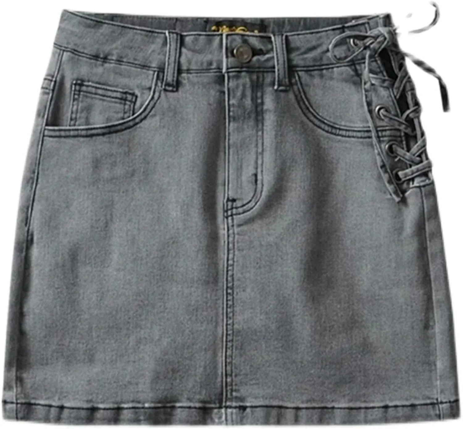 Design Sense one-Side lace up Lined A-line Hip-Wrapped Short Skirt Women's high Waist Denim Skirt